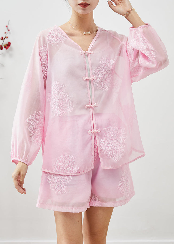 Women Pink Embroidered Chinese Button Linen Silk 2 Piece Outfit Summer