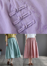 Women Pink Embroideried Chinese Button Linen Skirts Spring