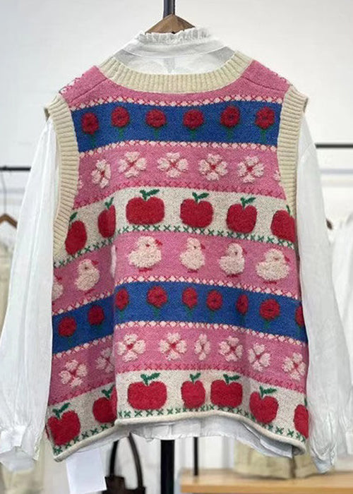 Women Pink Embroidered Patchwork Cozy Cotton Knit Waistcoat Sleeveless