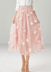 Women Pink Embroidered Stereoscopic Floral Tulle Skirt Fall