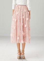 Women Pink Embroideried Stereoscopic Floral Tulle Skirt Fall