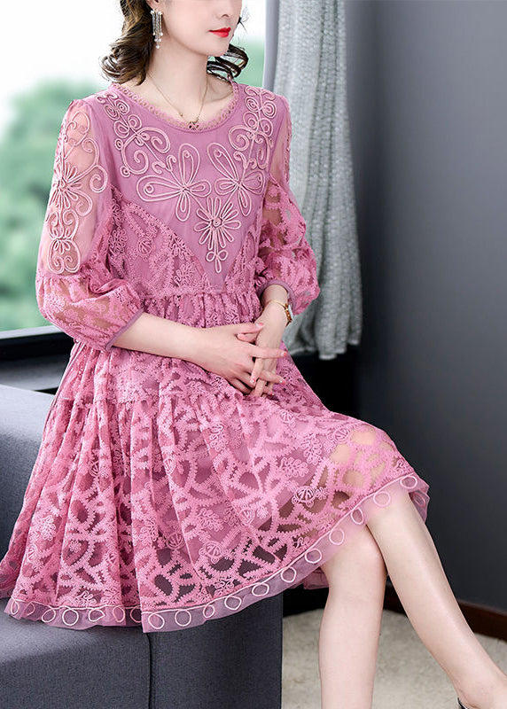 Women Pink Embroideried Tie Waist Lace Mid Dress Bracelet Sleeve