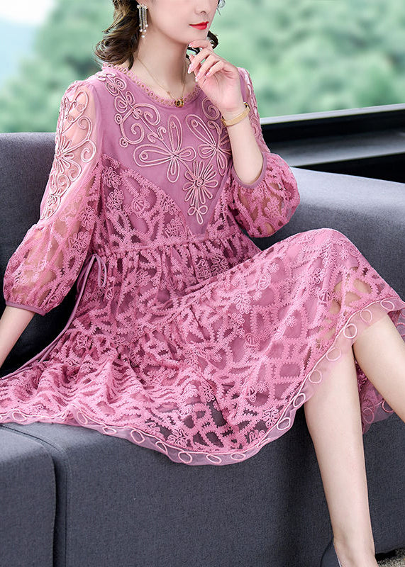 Women Pink Embroideried Tie Waist Lace Mid Dress Bracelet Sleeve