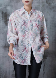 Women Pink Eyelash Chiffon Shirt Spring