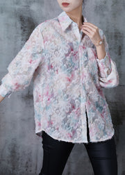 Women Pink Eyelash Chiffon Shirt Spring