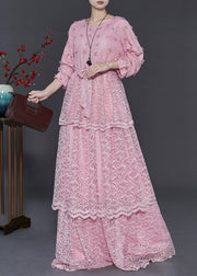 Women Pink Floral Layered Lace Vacation Dress Spring