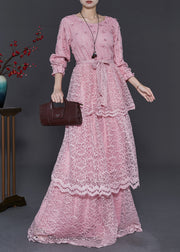 Women Pink Floral Layered Lace Vacation Dress Spring