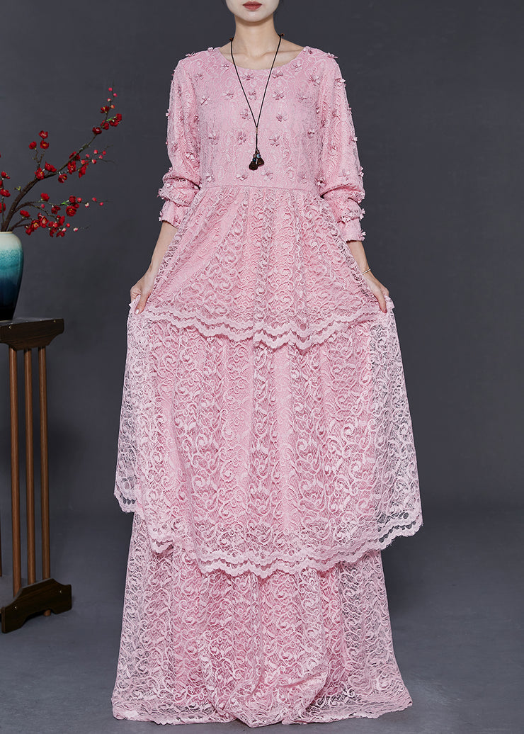 Women Pink Floral Layered Lace Vacation Dress Spring