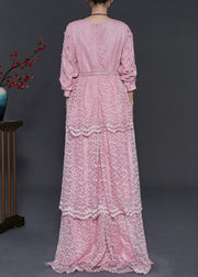 Women Pink Floral Layered Lace Vacation Dress Spring