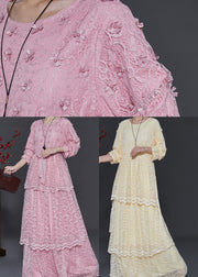 Women Pink Floral Layered Lace Vacation Dress Spring