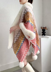 Women Pink Fur Collar Patchwork Warm Fleece Cape Coats Spring