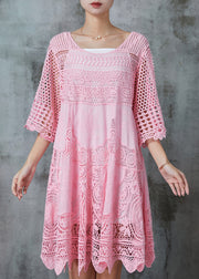 Women Pink Hollow Out Lace Holiday Dress Summer