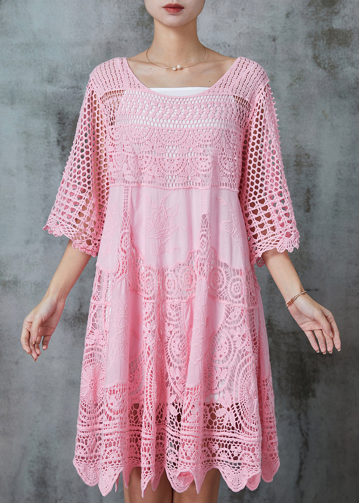 Women Pink Hollow Out Lace Holiday Dress Summer