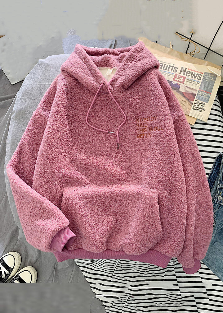 Women Pink Hooded Letter Pockets Teddy Faux Fur Sweatshirt Spring