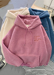 Women Pink Hooded Letter Pockets Teddy Faux Fur Sweatshirt Spring