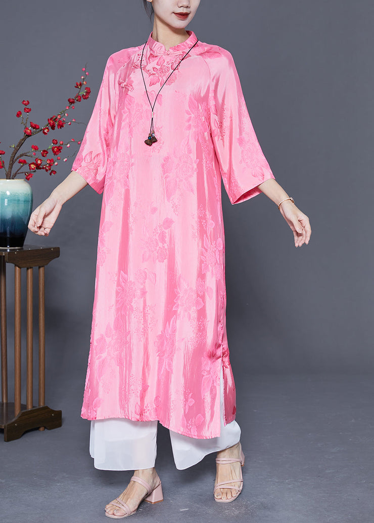 Women Pink Mandarin Collar Chinese Button Jacquard Silk Dress Summer