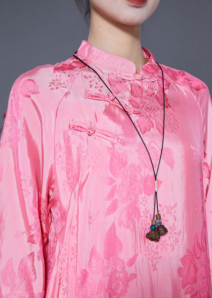 Women Pink Mandarin Collar Chinese Button Jacquard Silk Dress Summer