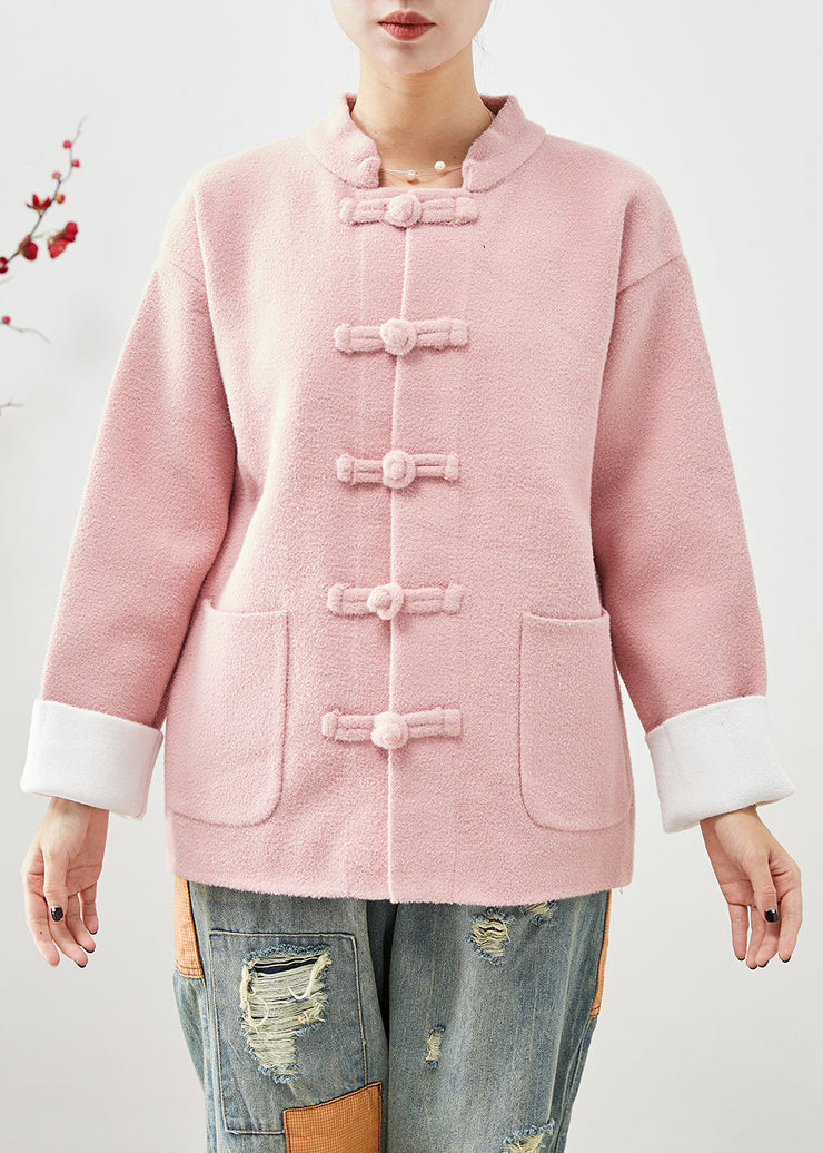 Women Pink Mandarin Collar Chinese Button Pockets Woolen Coats Fall