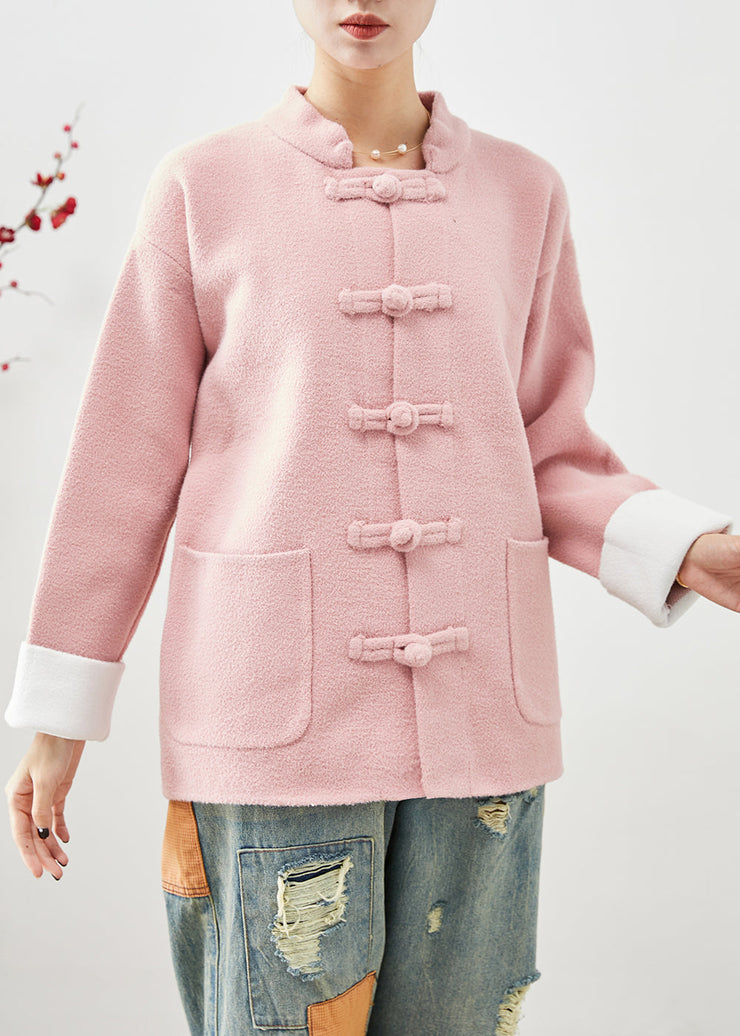 Women Pink Mandarin Collar Chinese Button Pockets Woolen Coats Fall