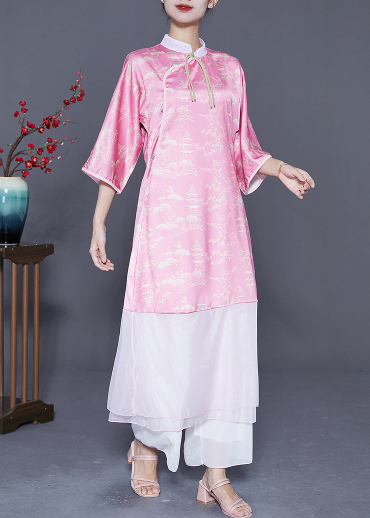 Women Pink Mandarin Collar Patchwork Tassel Silk Long Dresses Summer