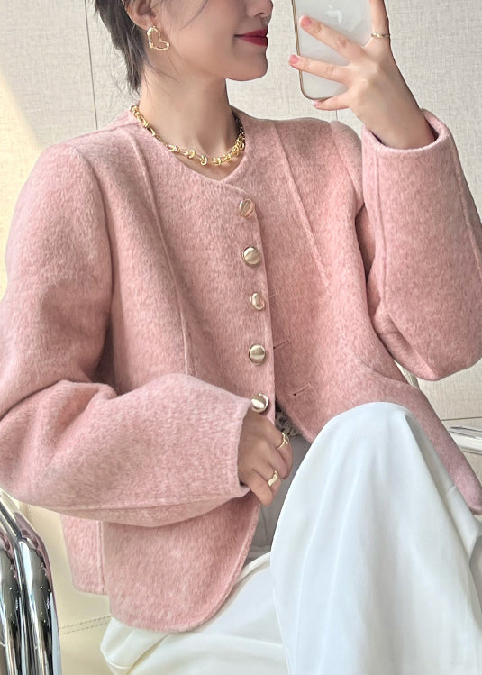 Women Pink O Neck Button Woolen Short Coat Spring