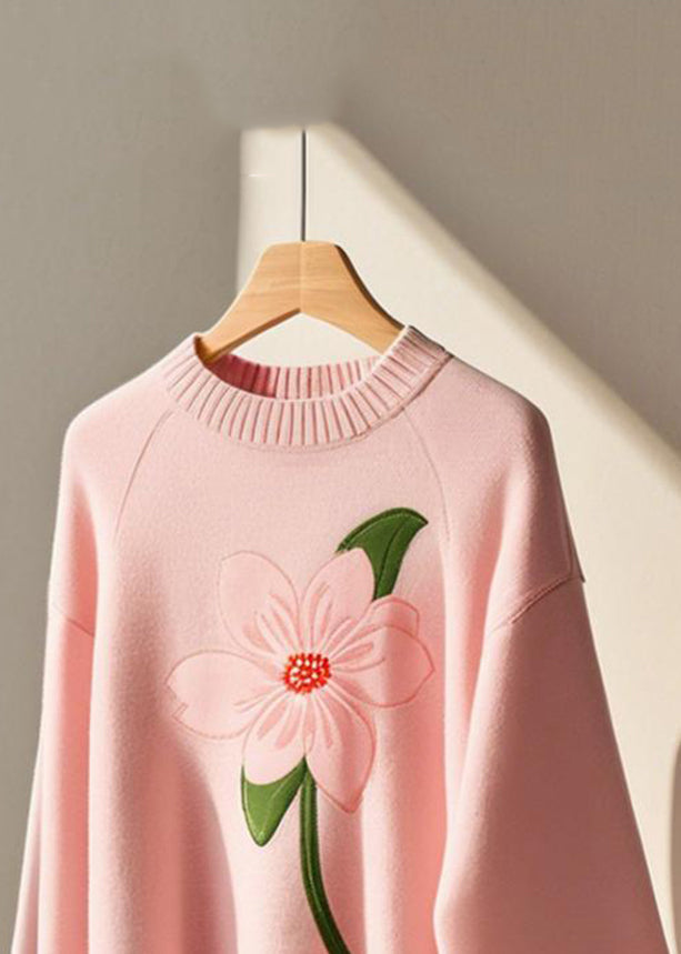 Women Pink O Neck Cozy Knit Sweater Fall