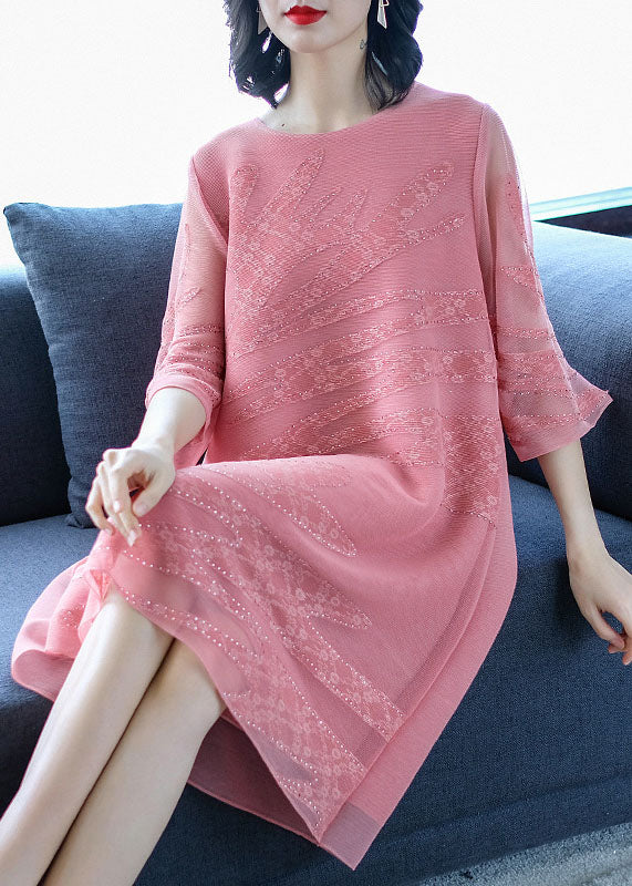 Women Pink O-Neck Embroidered Floral Tulle Maxi Dresses Fall