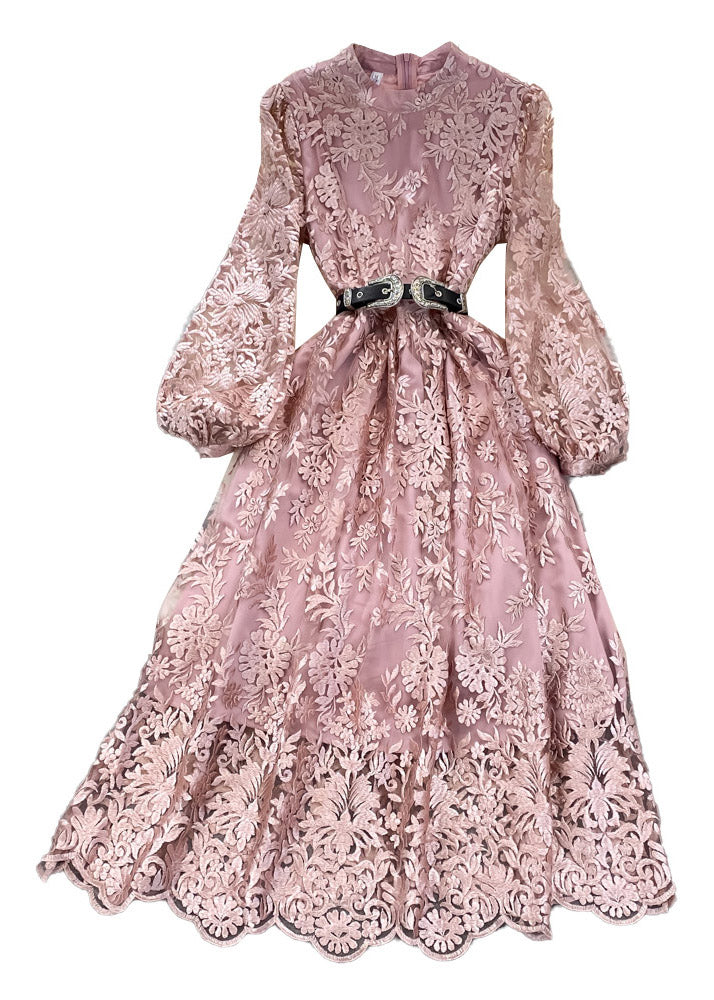 Women Pink O-Neck Embroideried Floral Tunic Sashes Tulle Maxi Dress Lantern Sleeve