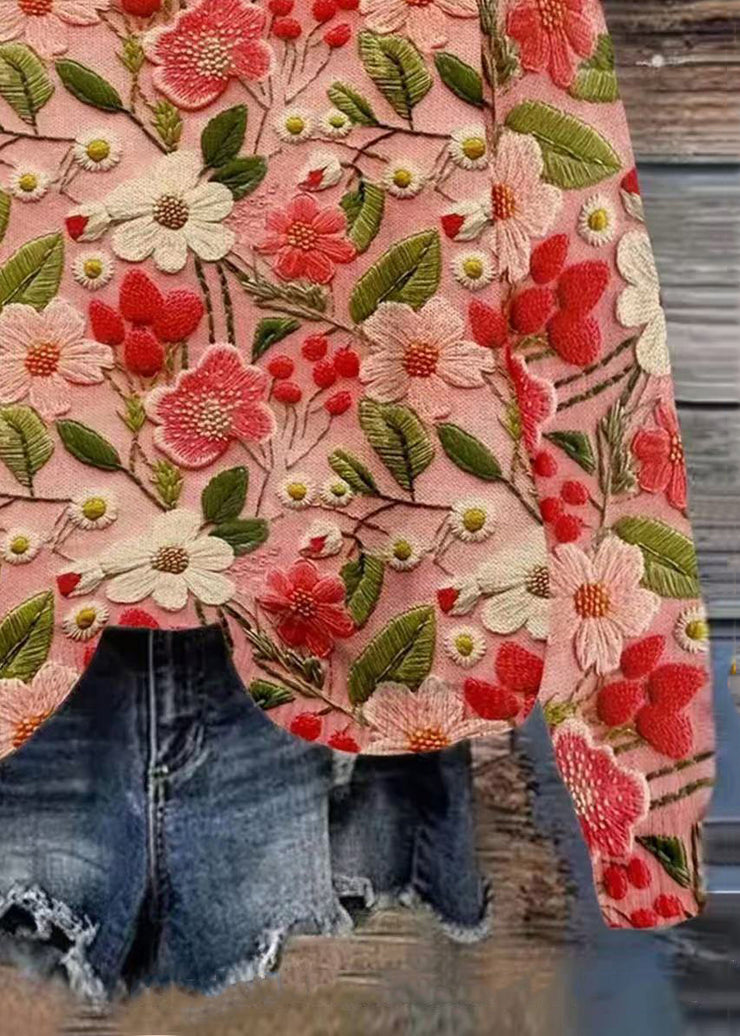 Women Pink O Neck Floral Knitting Cotton Sweaters Spring