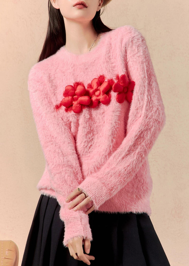 Women Pink O Neck Floral Mink Hair Knitted Sweaters Winter