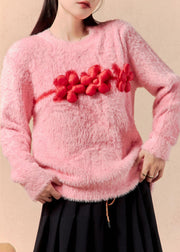 Women Pink O Neck Floral Mink Hair Knitted Sweaters Winter