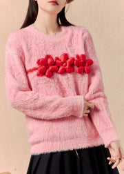 Women Pink O Neck Floral Mink Hair Knitted Sweaters Winter