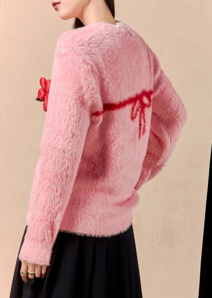 Women Pink O Neck Floral Mink Hair Knitted Sweaters Winter