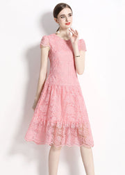 Women Pink O Neck Hollow Out Embroideried Patchwork Lace Dresses Summer