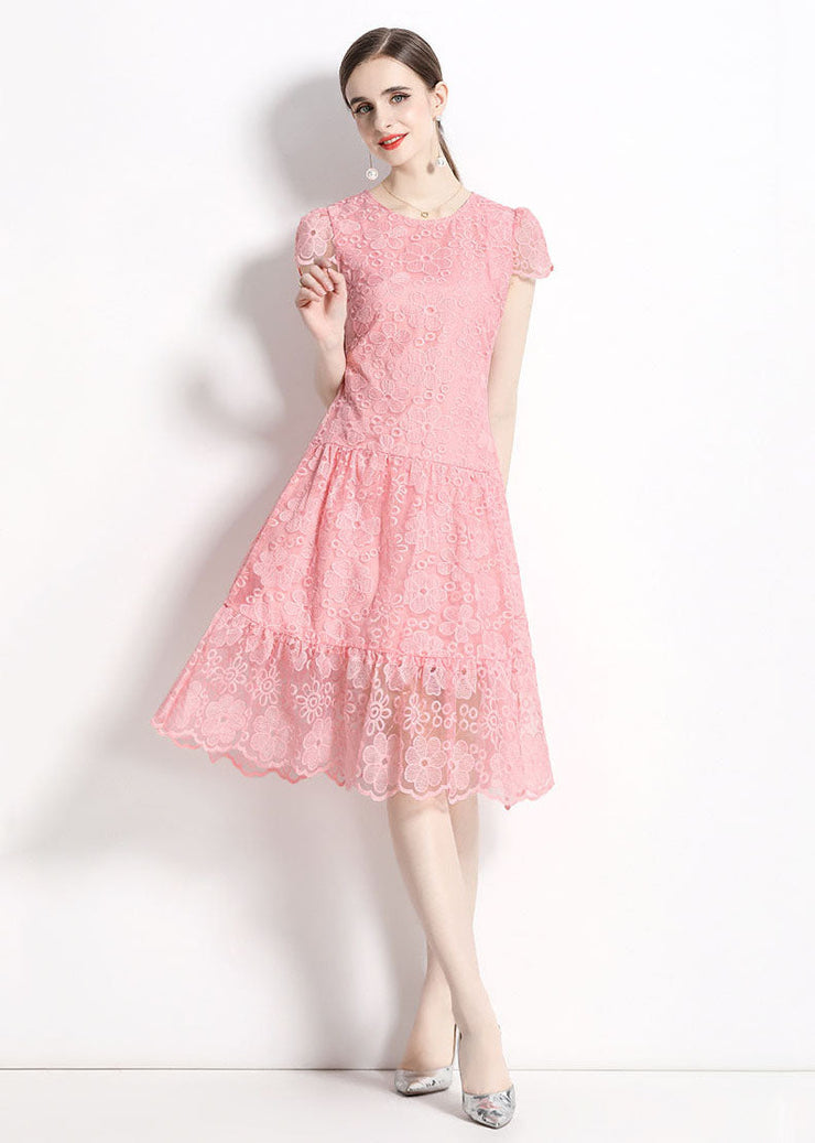 Women Pink O Neck Hollow Out Embroideried Patchwork Lace Dresses Summer