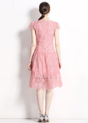 Women Pink O Neck Hollow Out Embroideried Patchwork Lace Dresses Summer