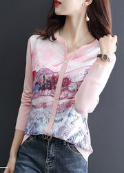 Women Pink O-Neck Patchwork Knit Cardigan Spring