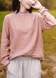 Women Pink O-Neck Ruffled Patchwork Embroidered T Shirt Long Sleeve