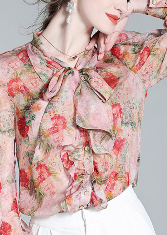 Women Pink O-Neck Ruffled Print Bow Silk Shirt Spring