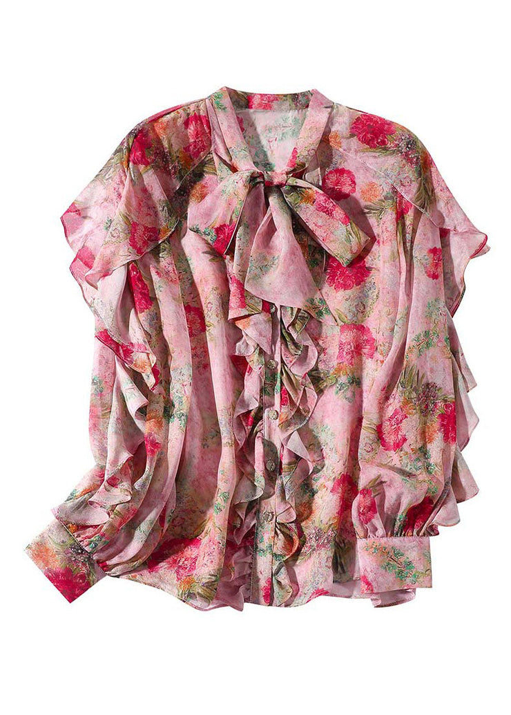 Women Pink O-Neck Ruffled Print Bow Silk Shirt Spring