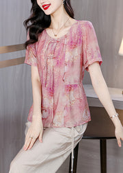 Women Pink O-Neck Tasseled Print Linen Shirt Summer