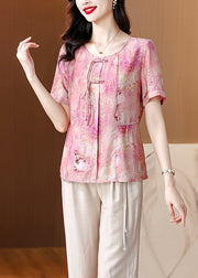 Women Pink O-Neck Tasseled Print Linen Shirt Summer