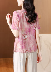 Women Pink O-Neck Tasseled Print Linen Shirt Summer