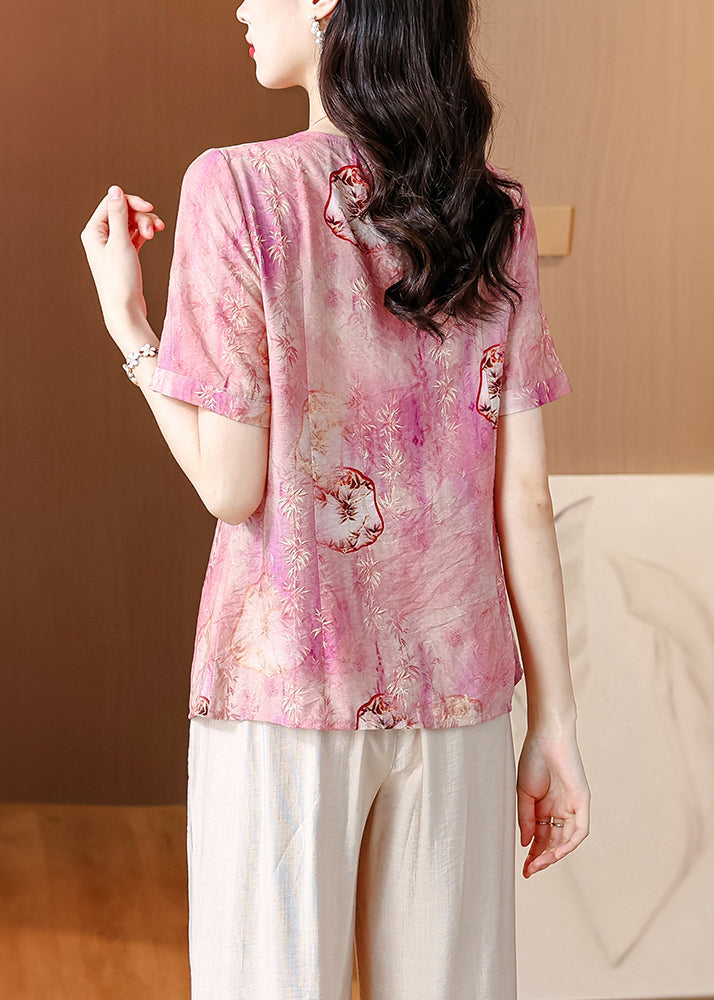 Women Pink O-Neck Tasseled Print Linen Shirt Summer