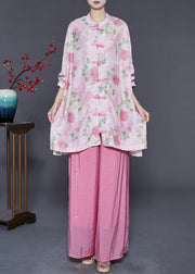 Women Pink Oversized Chinese Button Cotton Two-Piece Set Spring