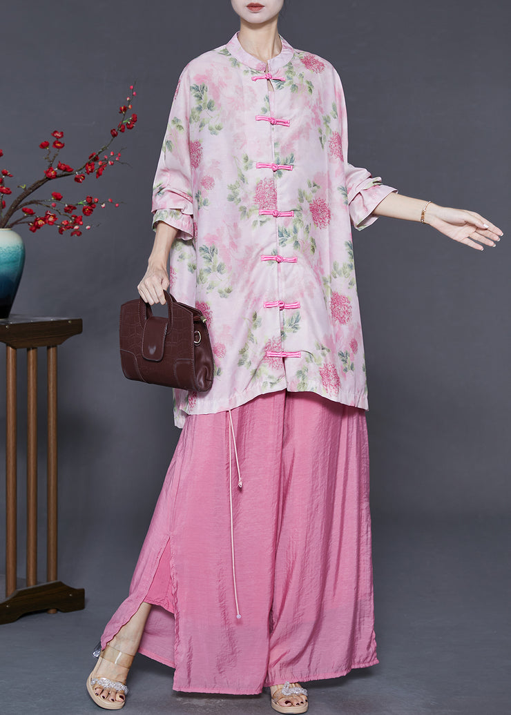 Women Pink Oversized Chinese Button Cotton Two-Piece Set Spring