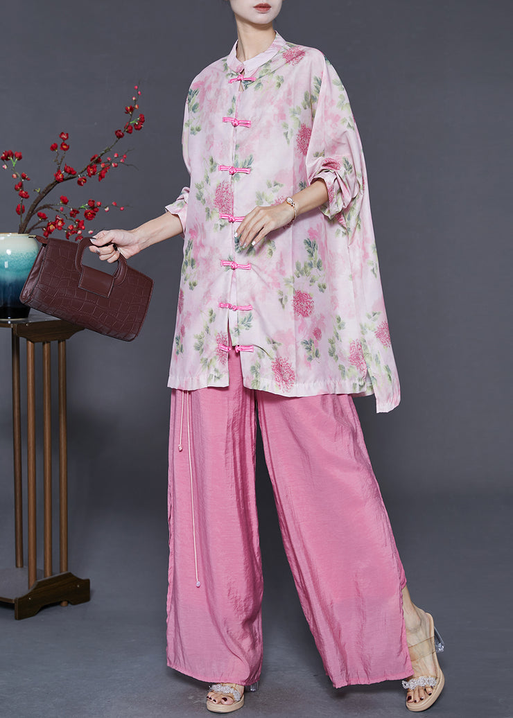 Women Pink Oversized Chinese Button Cotton Two-Piece Set Spring