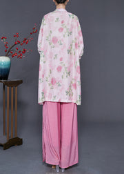 Women Pink Oversized Chinese Button Cotton Two-Piece Set Spring