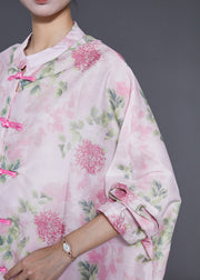 Women Pink Oversized Chinese Button Cotton Two-Piece Set Spring