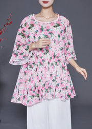 Women Pink Oversized Print Chiffon Tops Flare Sleeve